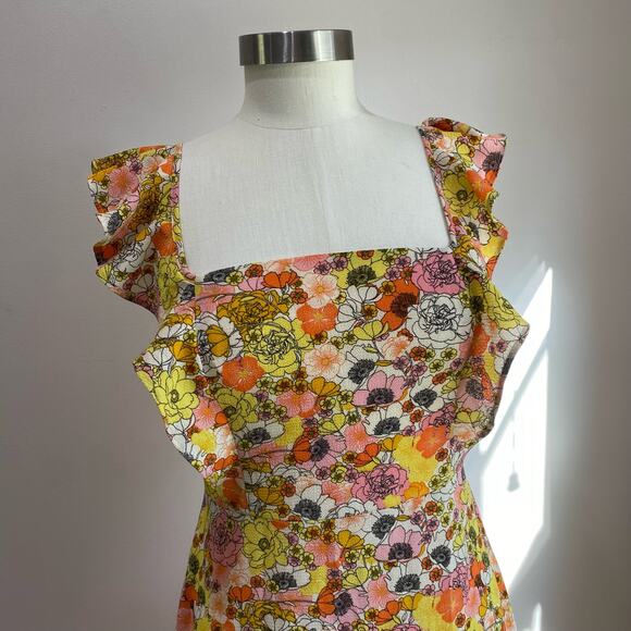 BCBG Generation Yellow Ruffle Floral Print Midi Dress Size Small - Picture 4 of 12